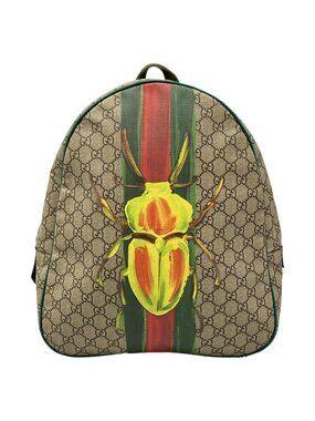 Gucci Backpack Children's GG Supreme Beige Green Multi Beetle Print